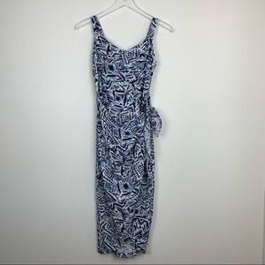 VINTAGE 90s Blue Print Tie Waist Midi Dress 7 Made in USA